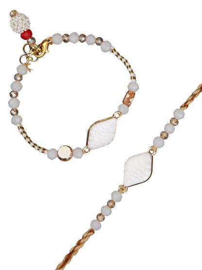 Bhaiya Bhabhi Rakhi Set With Ivory Stone Motifs And Gold Embellished Thread with Box