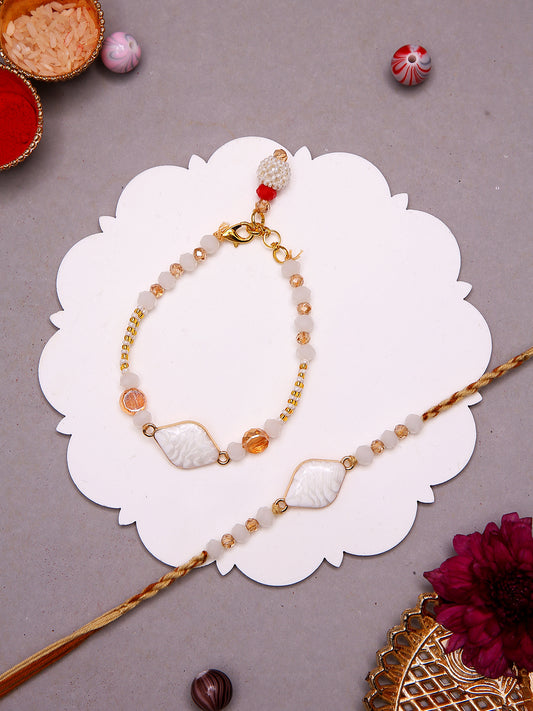 Bhaiya Bhabhi Rakhi Set With Ivory Stone Motifs And Gold Embellished Thread with Box