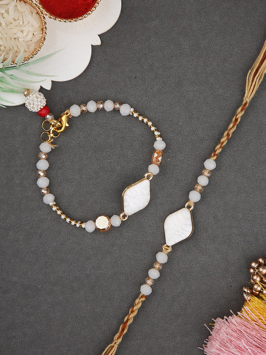 Bhaiya Bhabhi Rakhi Set With Ivory Stone Motifs And Gold Embellished Thread