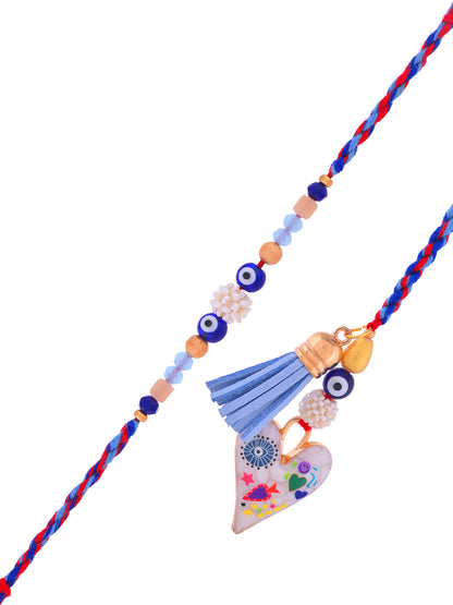 Nazar Suraksha Rakhi Set with Floral Heart and Blue Tassel