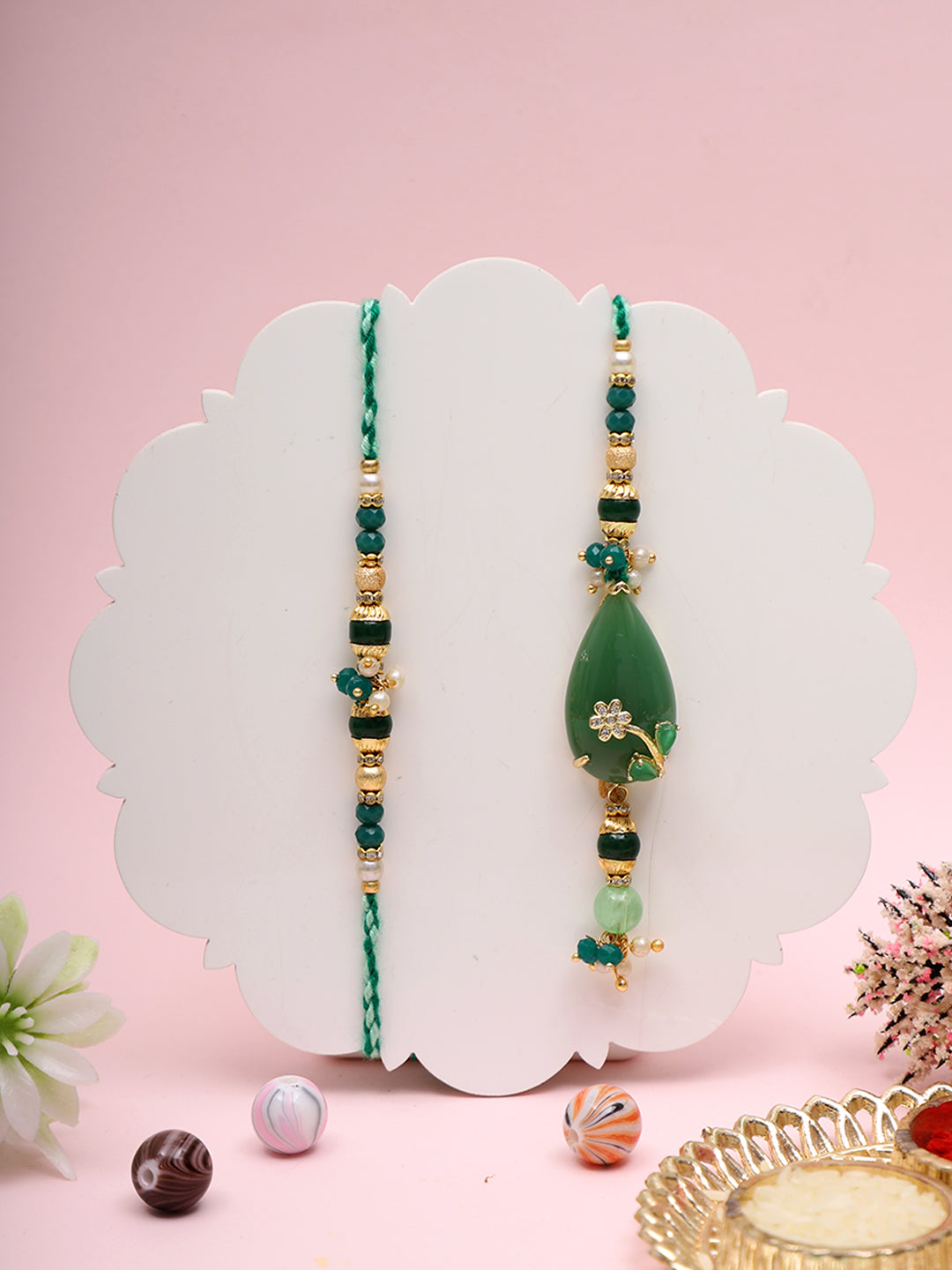 Riwaayat Rakhi Pair with Emerald Drop and Floral Motif Work with Box