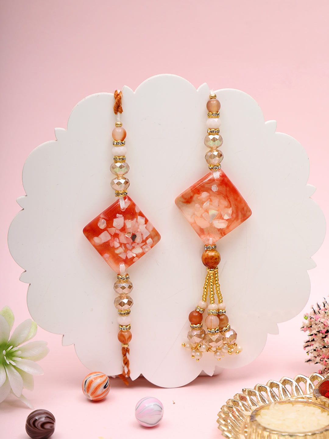 Amber Charm Rakhi Set with Resin Blocks and Festive Tassel