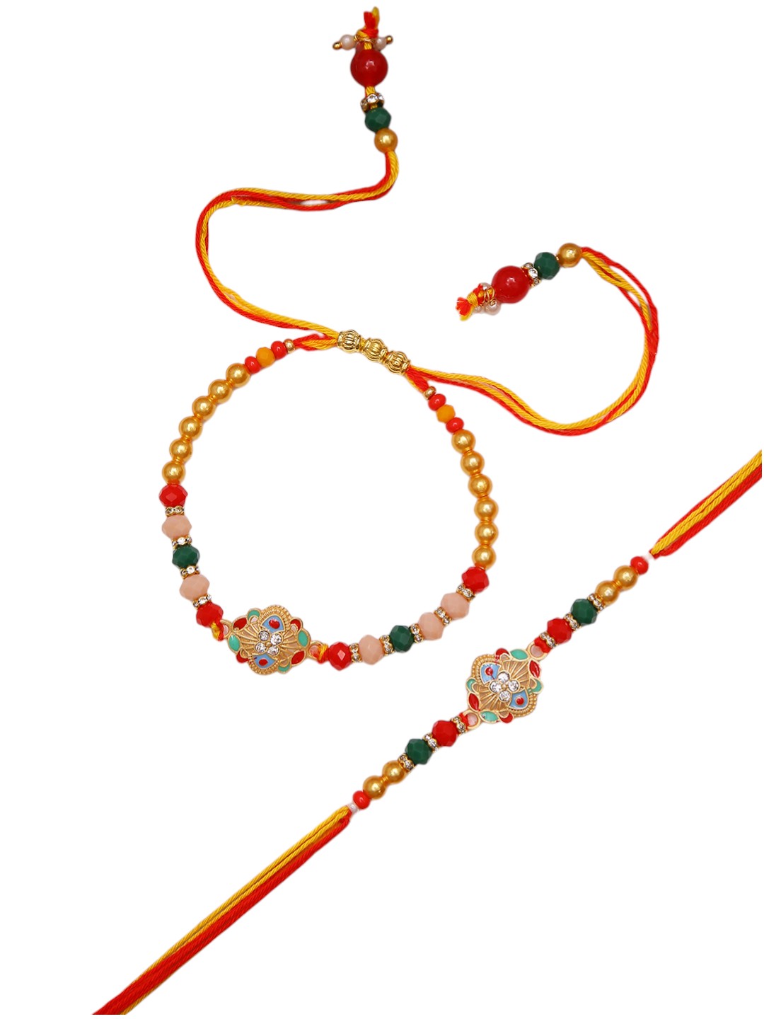 Heritage Rakhi Combo With Red Yellow Mauli And Royal Kundan Motifs with Box
