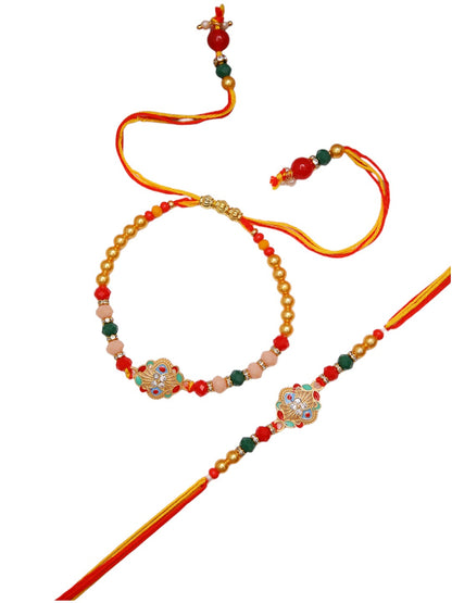 Heritage Rakhi Combo With Red Yellow Mauli And Royal Kundan Motifs with Box