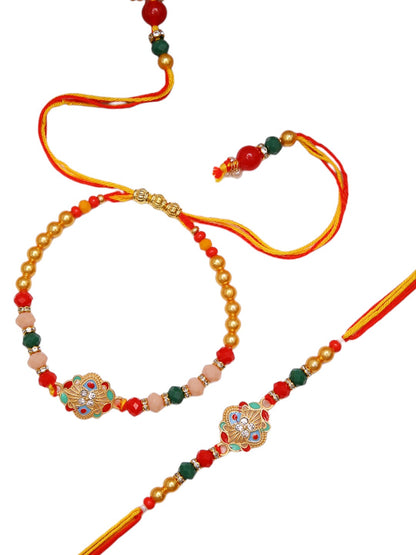 Heritage Rakhi Combo With Red Yellow Mauli And Royal Kundan Motifs with Box