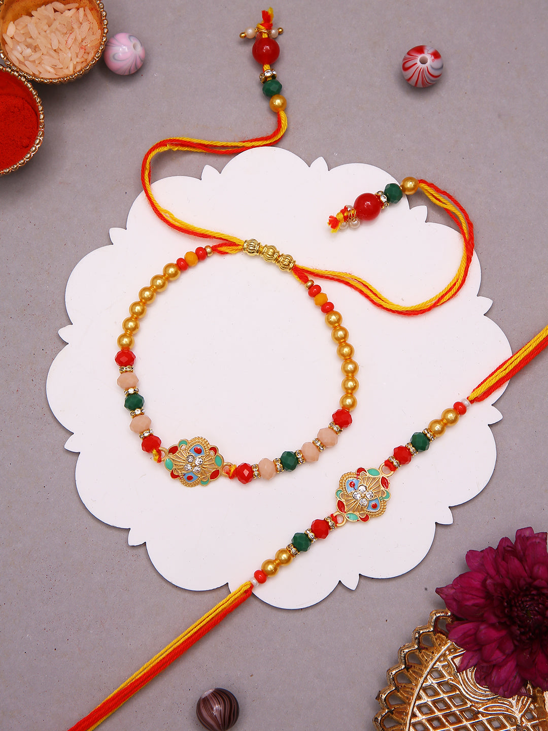 Heritage Rakhi Combo With Red Yellow Mauli And Royal Kundan Motifs with Box