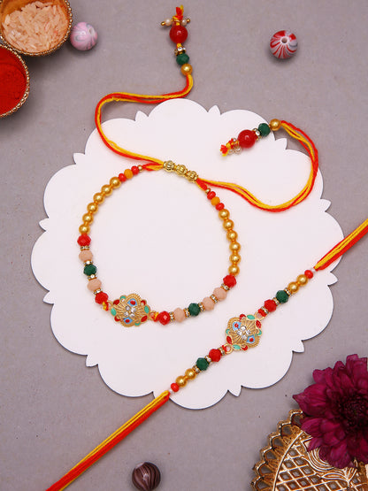 Heritage Rakhi Combo With Red Yellow Mauli And Royal Kundan Motifs with Box