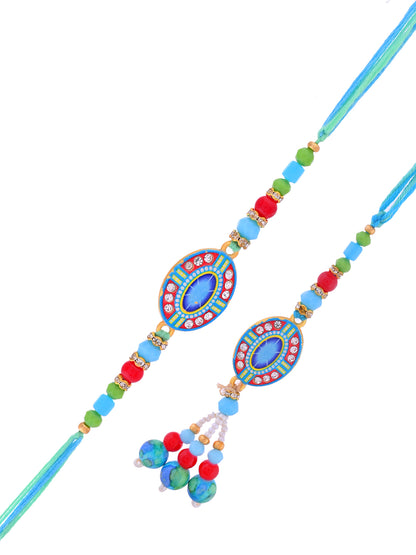 Vibrant Blue Bhaiya Bhabhi Rakhi Set With Art Deco Inspired Oval Motifs