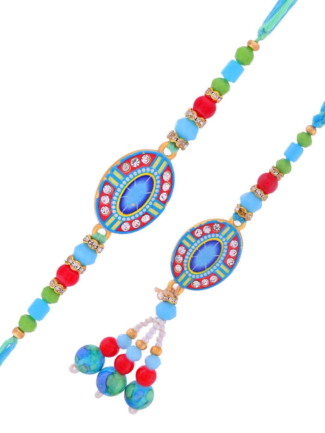 Vibrant Blue Bhaiya Bhabhi Rakhi Set With Art Deco Inspired Oval Motifs