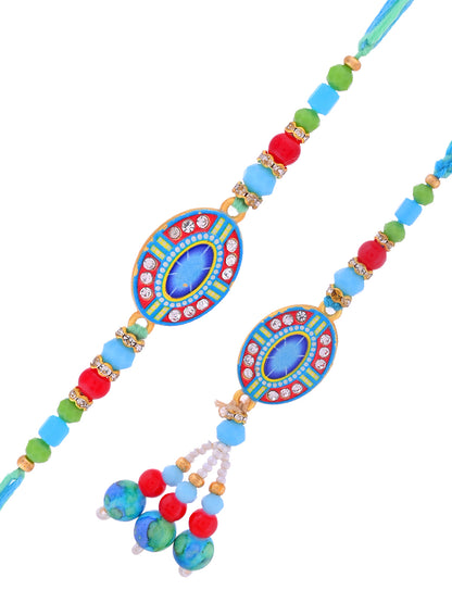Vibrant Blue Bhaiya Bhabhi Rakhi Set With Art Deco Inspired Oval Motifs