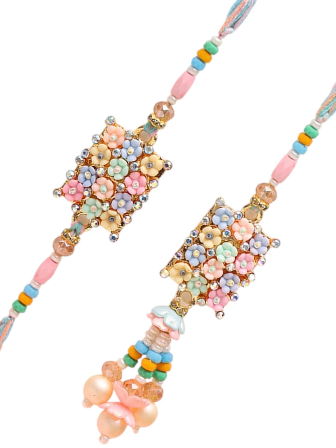 Phoolon Wali Rakhi Set with Pastel Pearls and Beaded Tassel