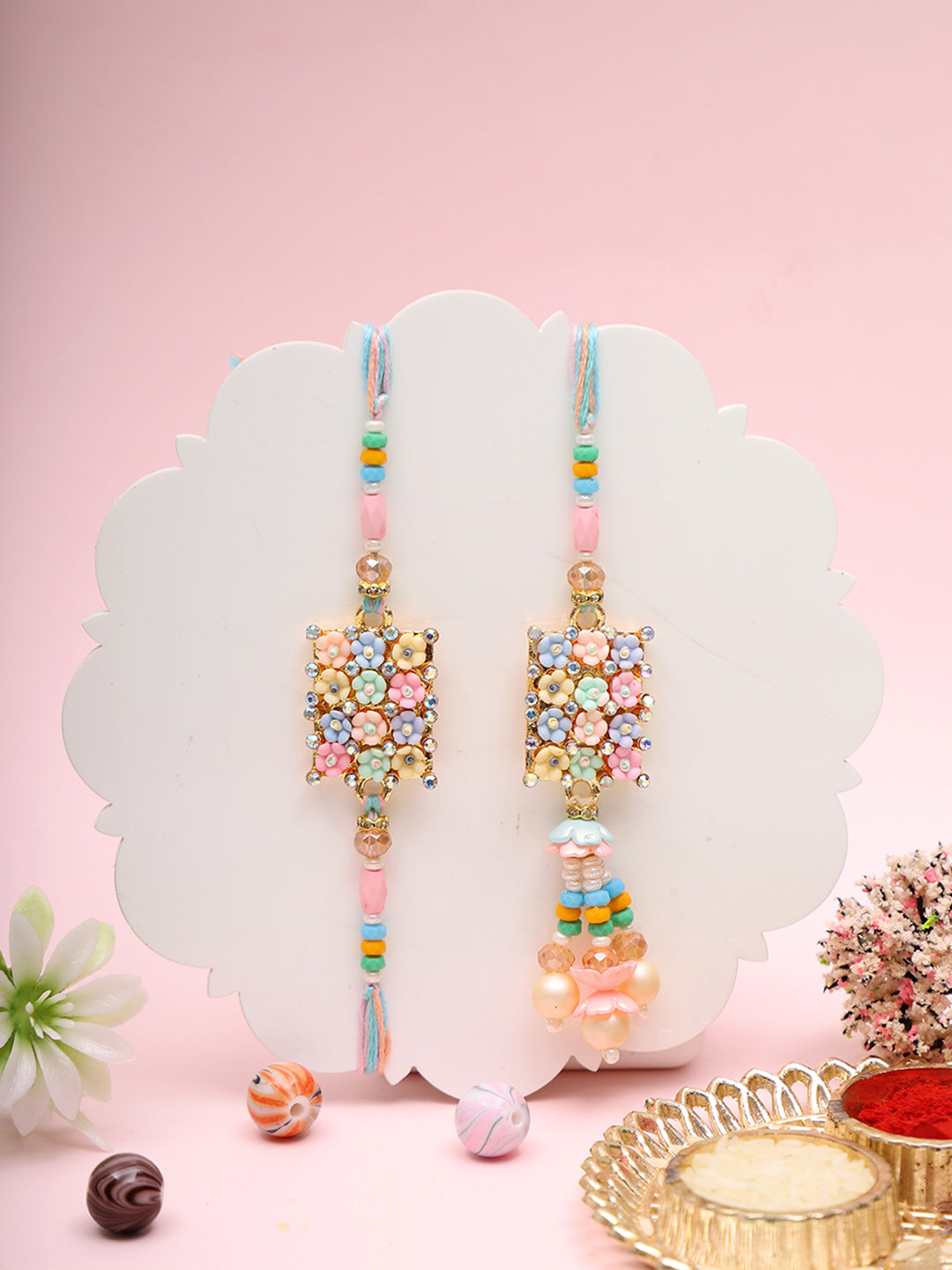 Phoolon Wali Rakhi Set with Pastel Pearls and Beaded Tassel with Box