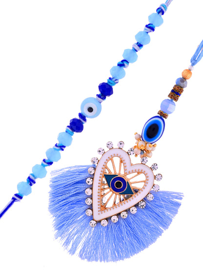 Boho Chic Bhaiya Bhabhi Rakhi with Ceramic Heart & Suraksha Charm with Box