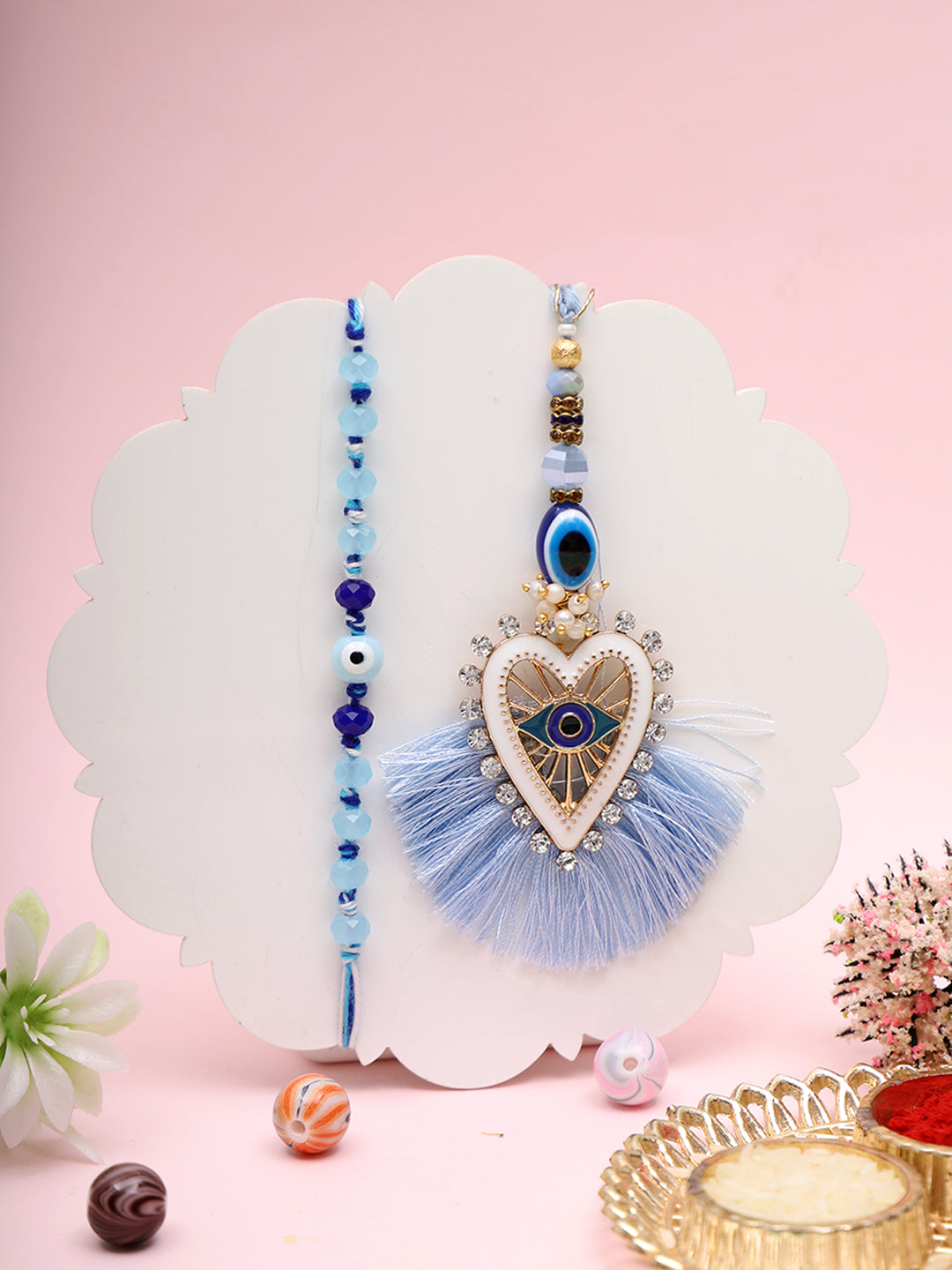 Boho Chic Bhaiya Bhabhi Rakhi with Ceramic Heart & Suraksha Charm with Box