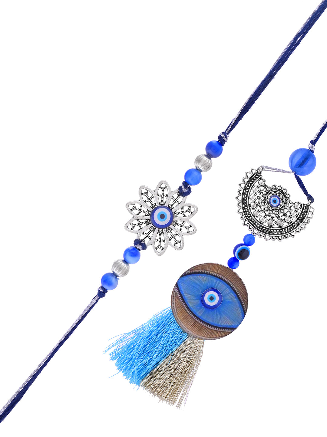 Statement Bhaiya Bhabhi Evil Eye Rakhi Set With Mandala Charm And Tassels with Box