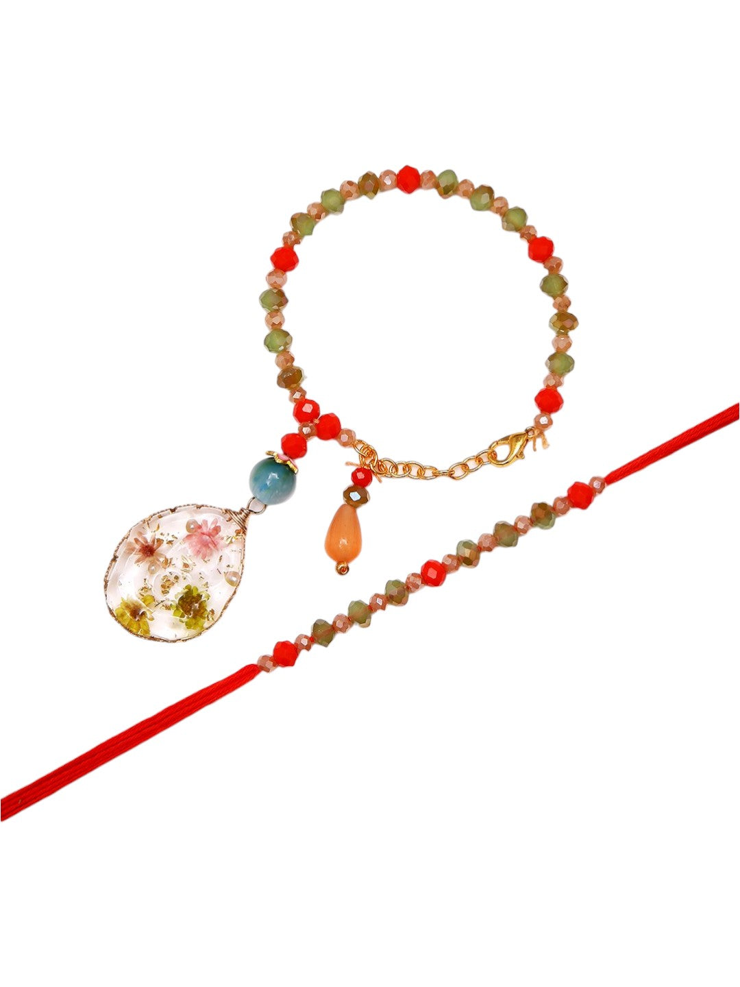 Handcrafted Rakhi Bracelet Set With Botanical Charm And Multicolor Stonework