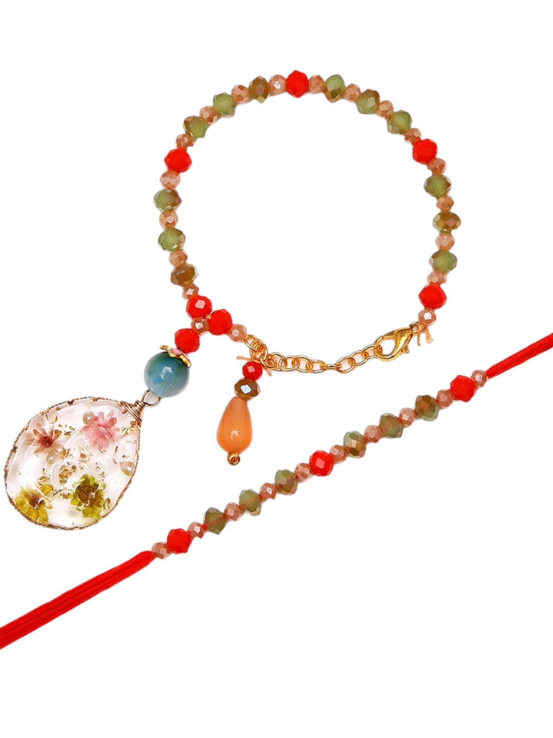 Handcrafted Rakhi Bracelet Set With Botanical Charm And Multicolor Stonework