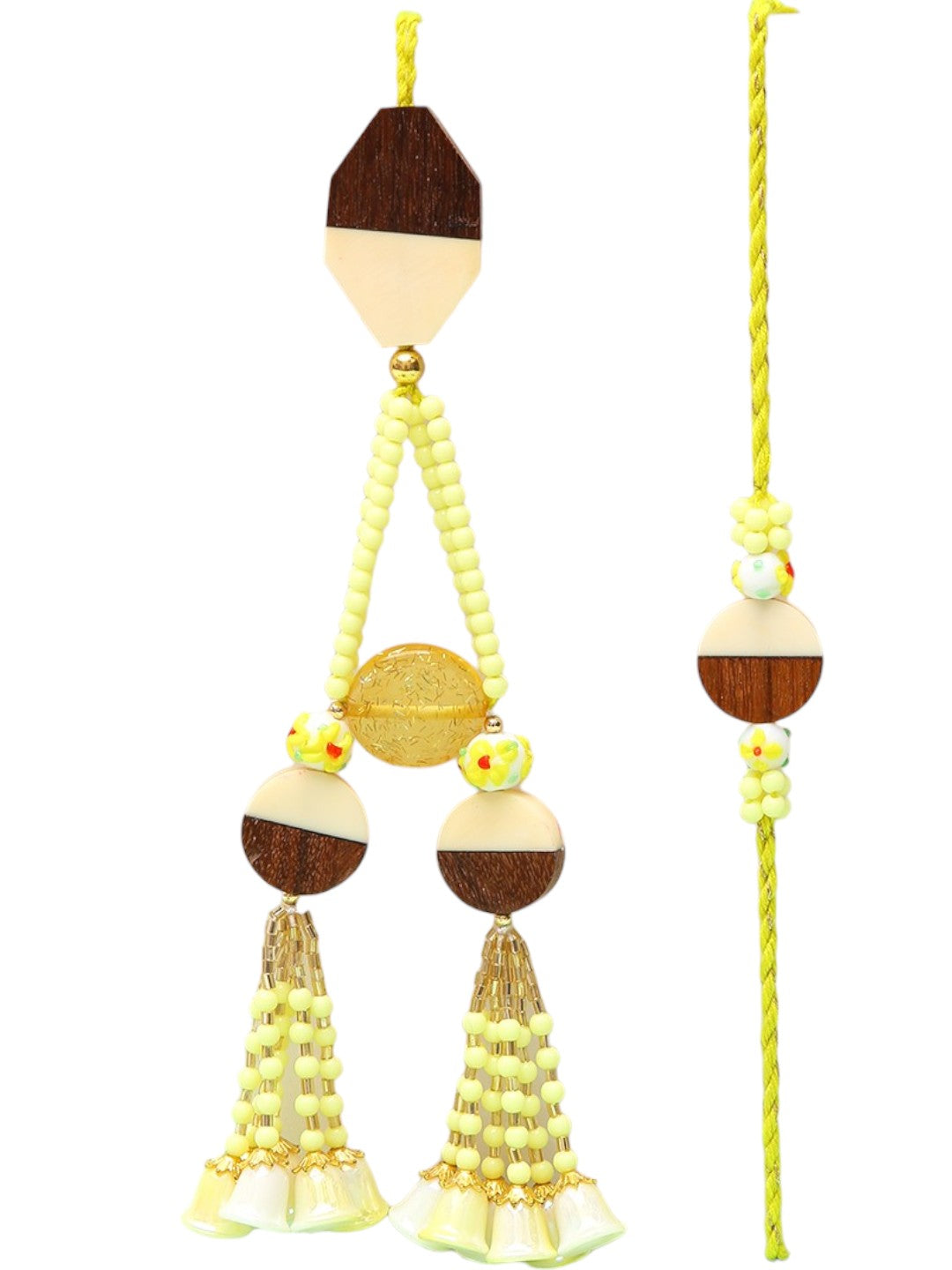 Rustic Bhaiya Bhabhi Rakhi Set With Yellow Wood Beads And Ethnik Lumba With Box