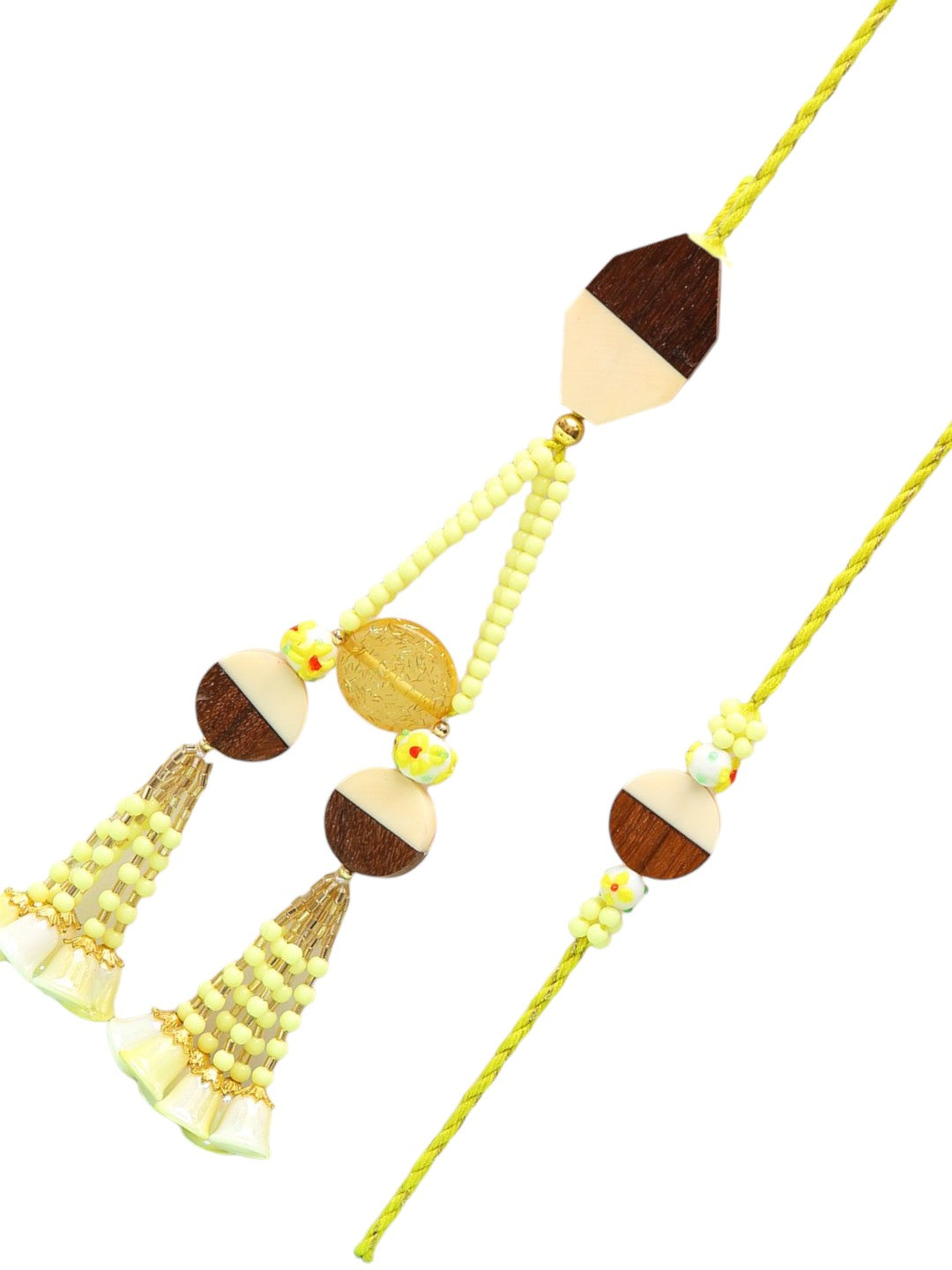 Rustic Bhaiya Bhabhi Rakhi Set With Yellow Wood Beads And Ethnik Lumba With Box