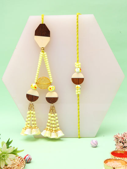 Rustic Bhaiya Bhabhi Rakhi Set With Yellow Wood Beads And Ethnik Lumba With Box