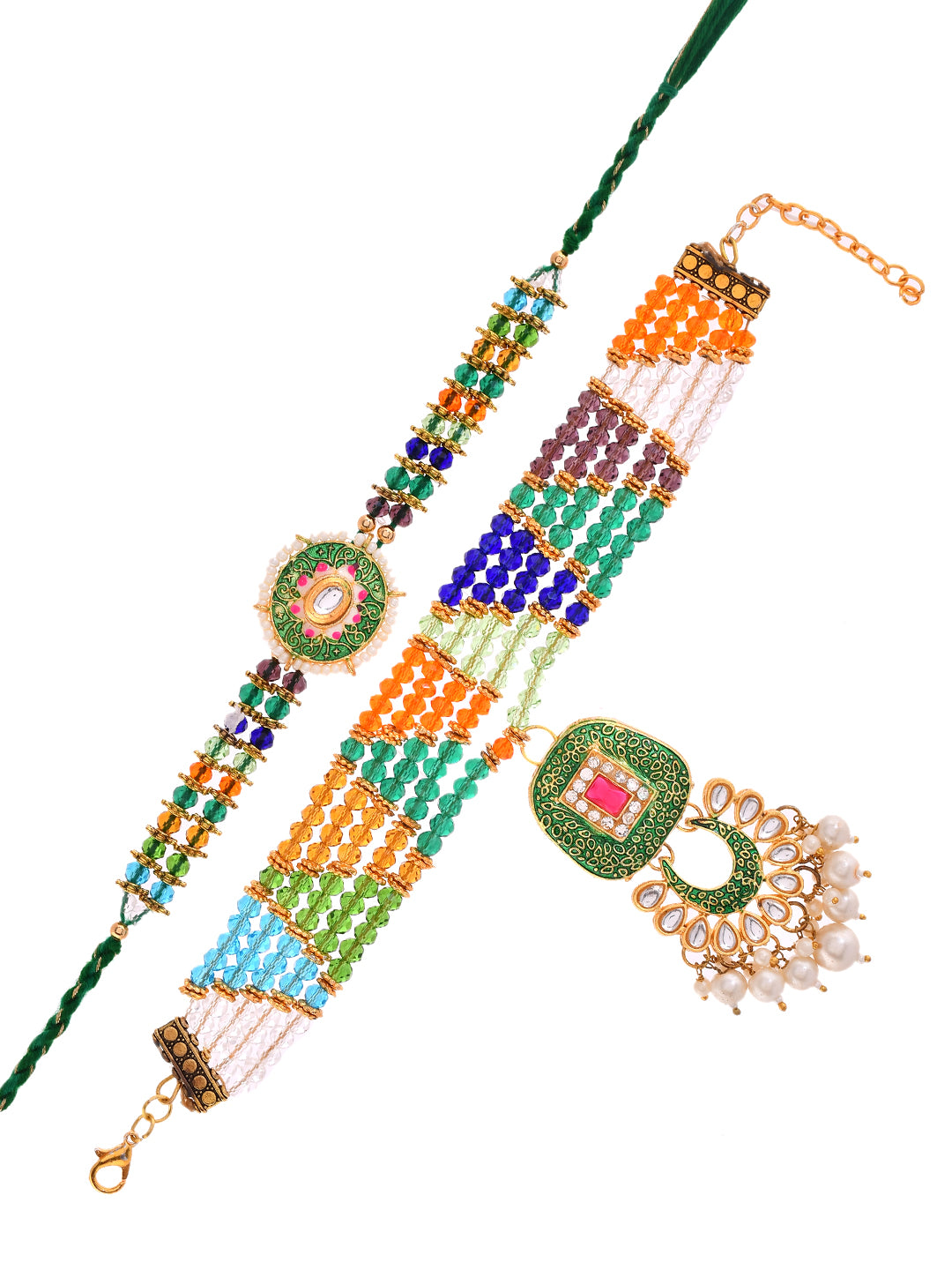 Exquisite Multicolor Beaded & Kundan Rakhi Set With Box