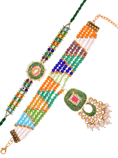 Exquisite Multicolor Beaded & Kundan Rakhi Set With Box
