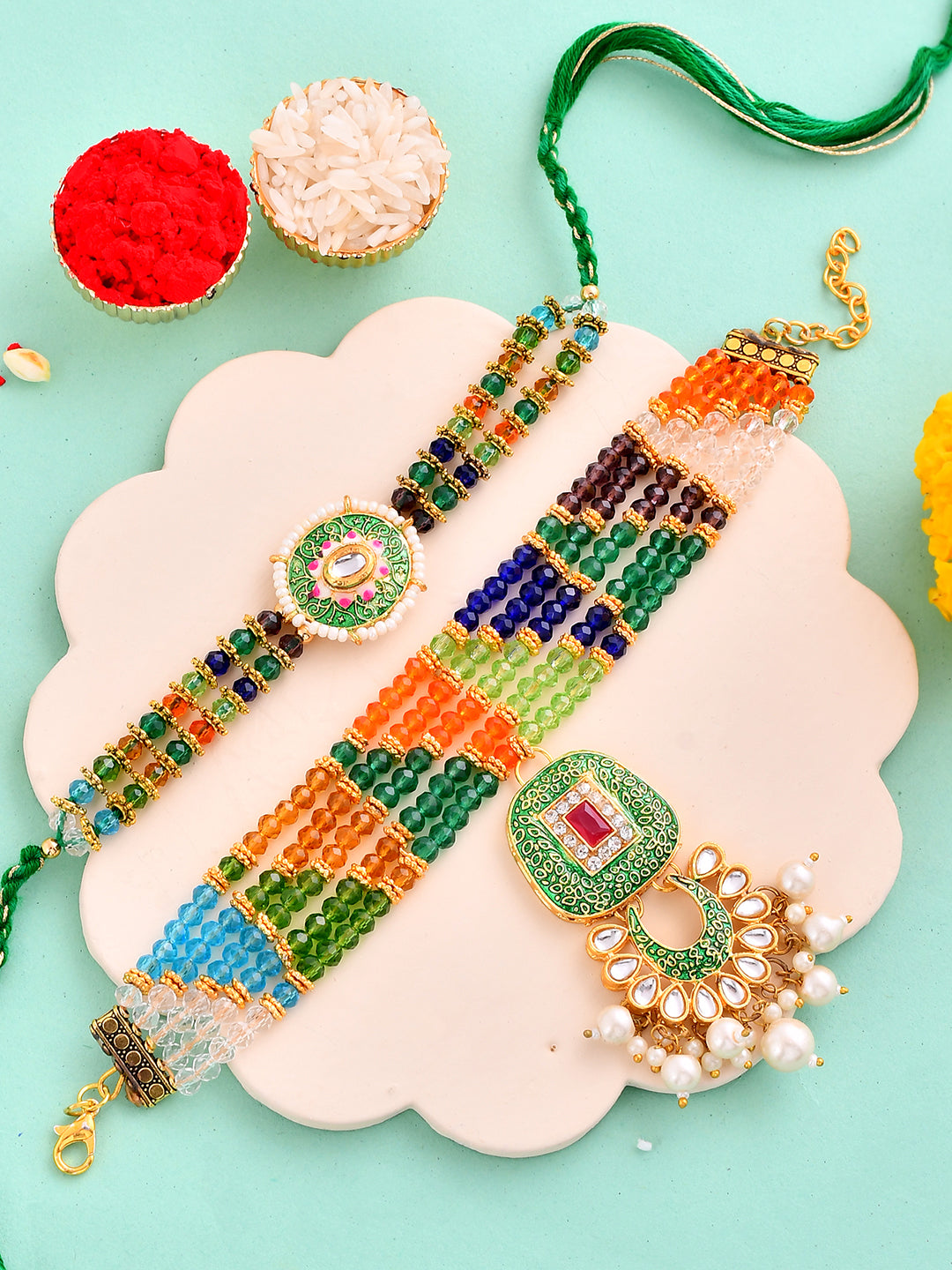 Exquisite Multicolor Beaded & Kundan Rakhi Set