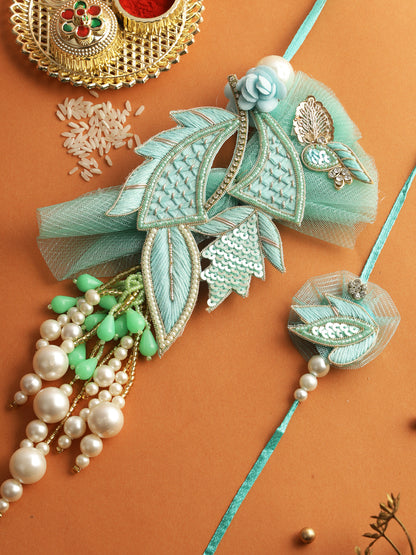 Orante Teal Blue Thread & Bead Work Bhaiya Bhabhi Rakhi