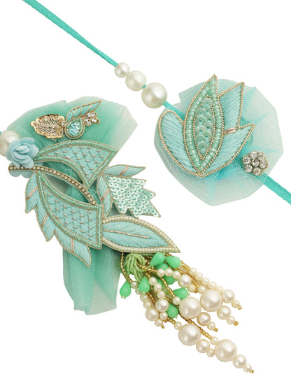 Orante Teal Blue Thread & Bead Work Bhaiya Bhabhi Rakhi