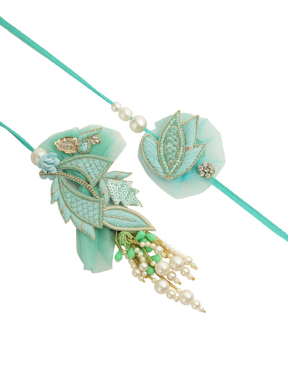 Orante Teal Blue Thread & Bead Work Bhaiya Bhabhi Rakhi