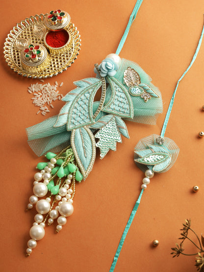 Orante Teal Blue Thread & Bead Work Bhaiya Bhabhi Rakhi