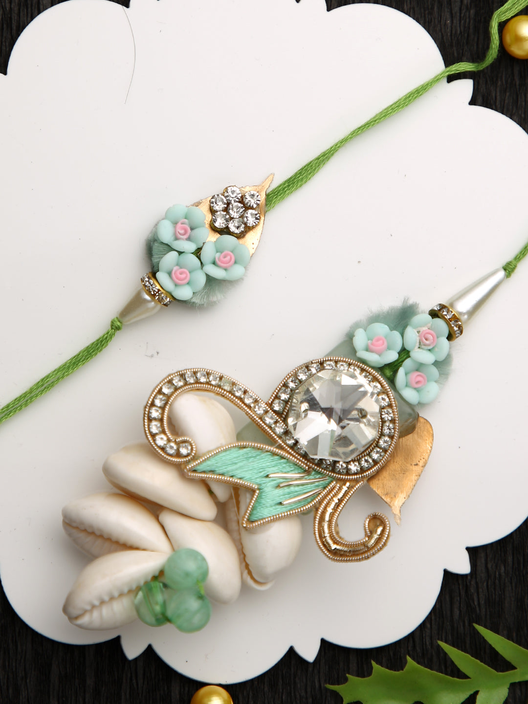 Floral Seashell Bhaiya Bhabhi Rakhi Set