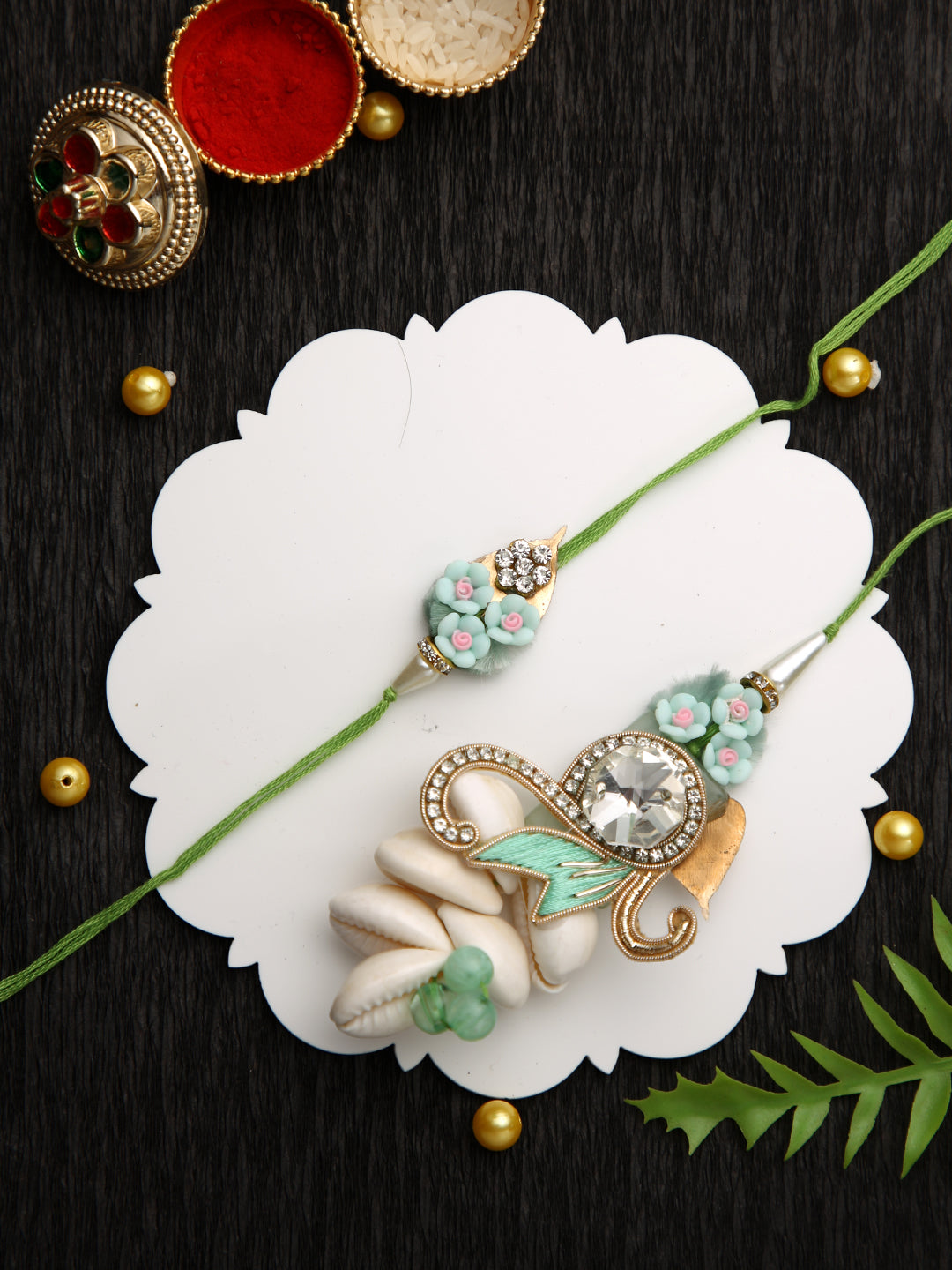 Floral Seashell Bhaiya Bhabhi Rakhi Set