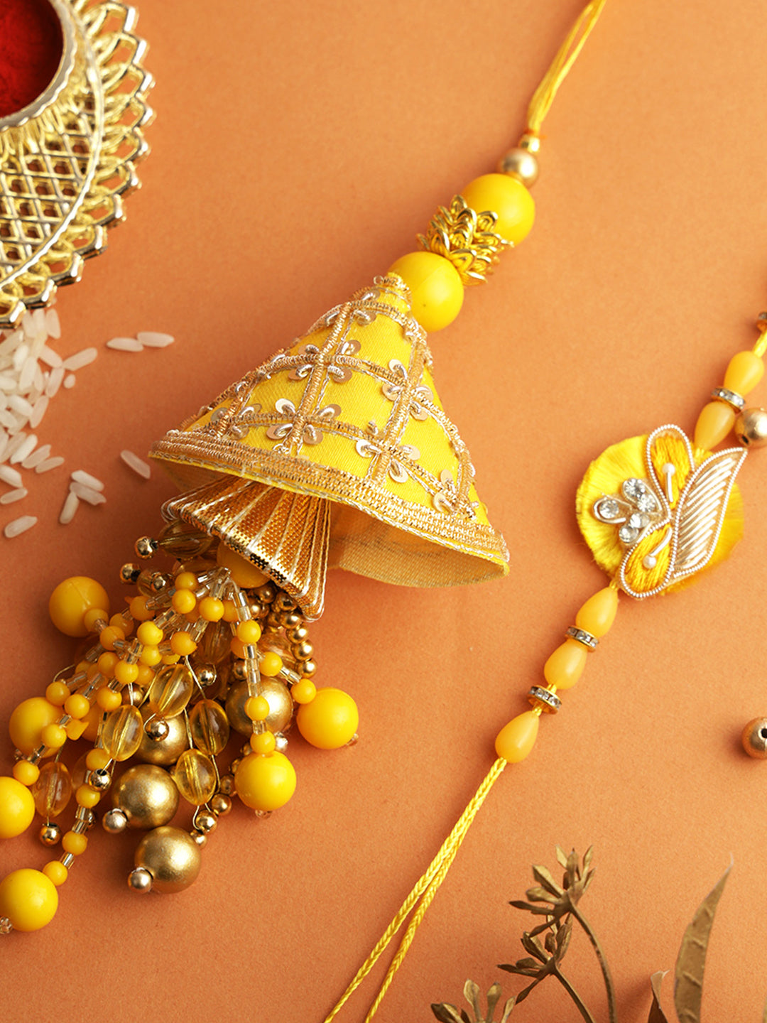 Vibrant Yellow Bhaiya Bhabhi Rakhi with Dangling Beads