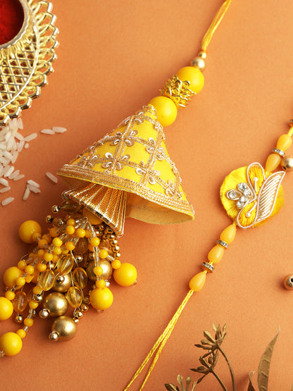 Vibrant Yellow Bhaiya Bhabhi Rakhi with Dangling Beads