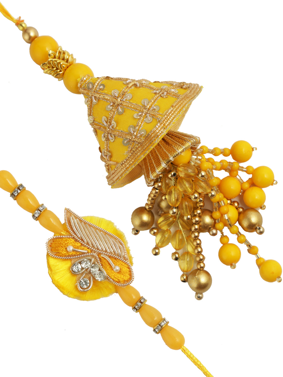 Vibrant Yellow Bhaiya Bhabhi Rakhi with Dangling Beads