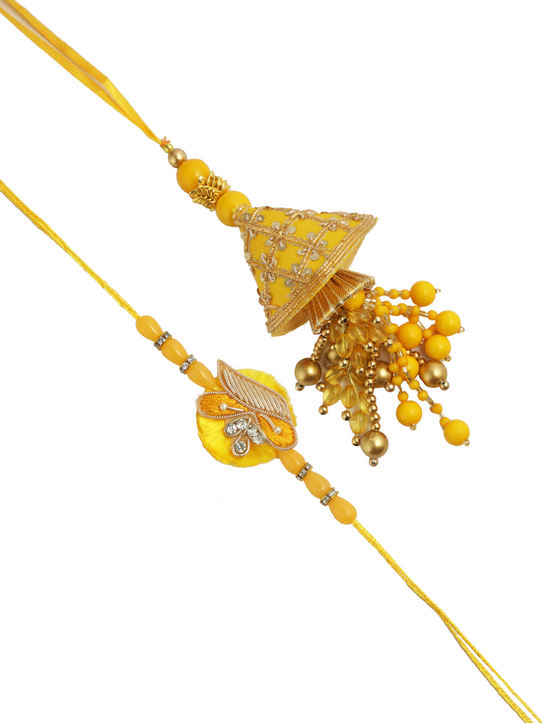 Vibrant Yellow Bhaiya Bhabhi Rakhi with Dangling Beads