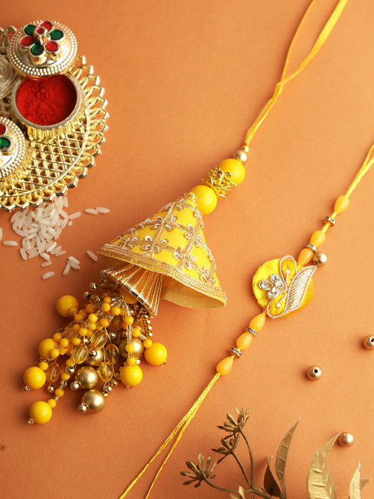 Vibrant Yellow Bhaiya Bhabhi Rakhi with Dangling Beads