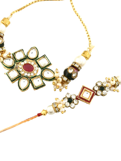 Traditional Kundan Bhaiya Bhabhi Rakhi Set