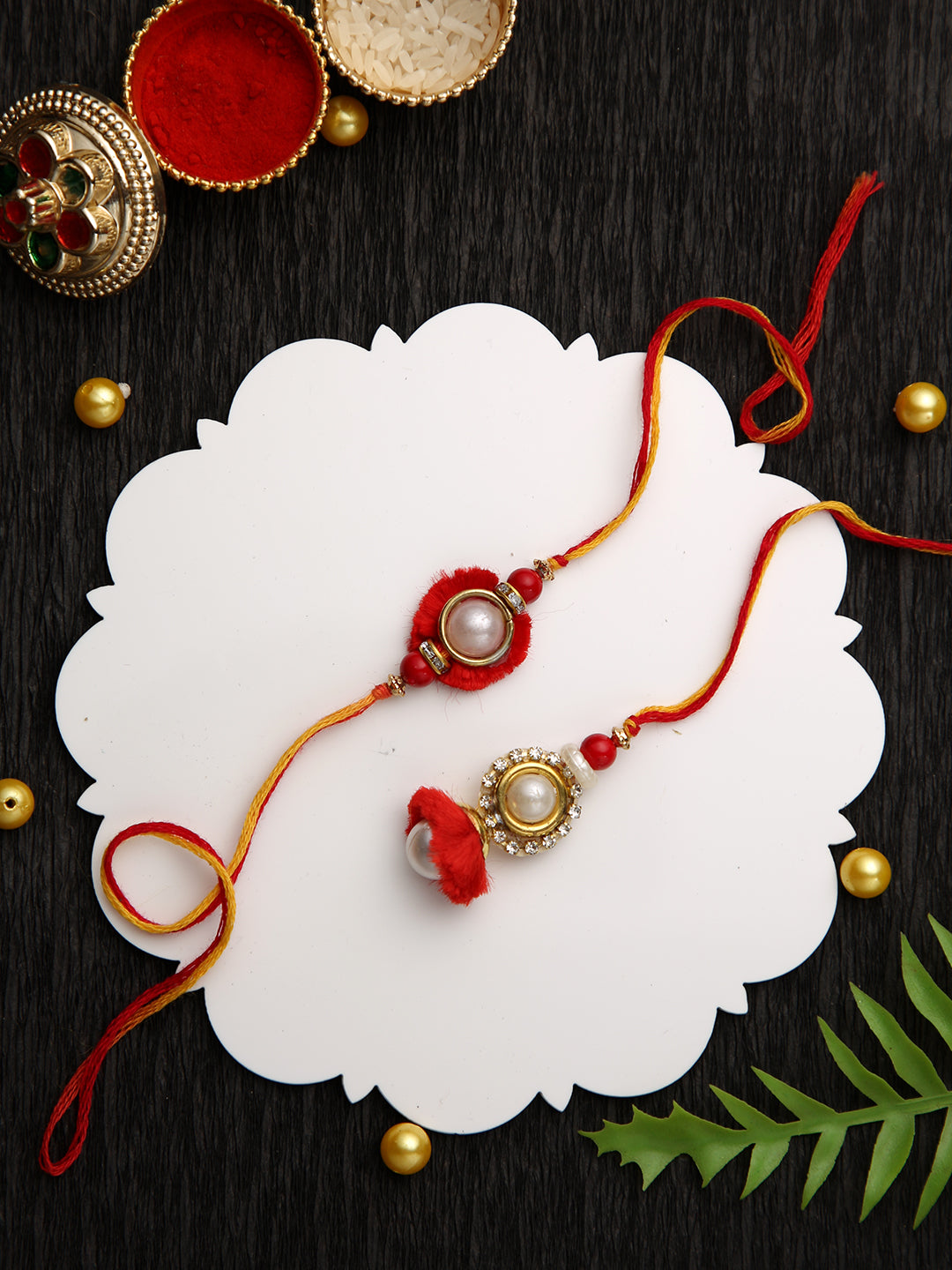 Royal Red with Pearls Bhaiya Bhabhi Rakhi Set