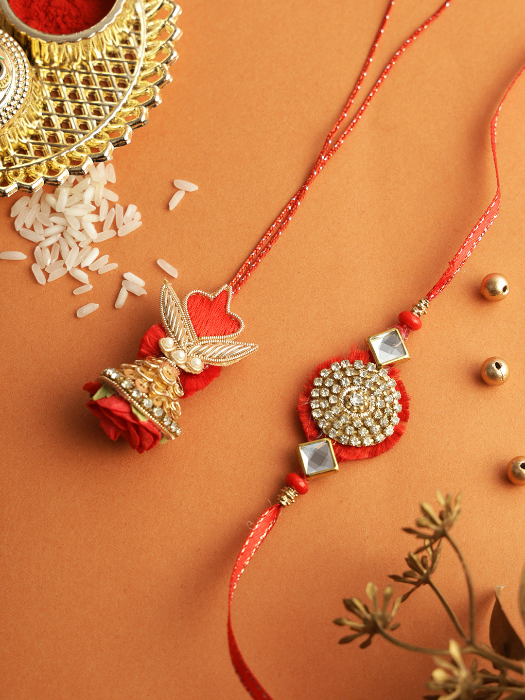 Stone Work with Thread Bhaiya Bhabhi Rakhi Set