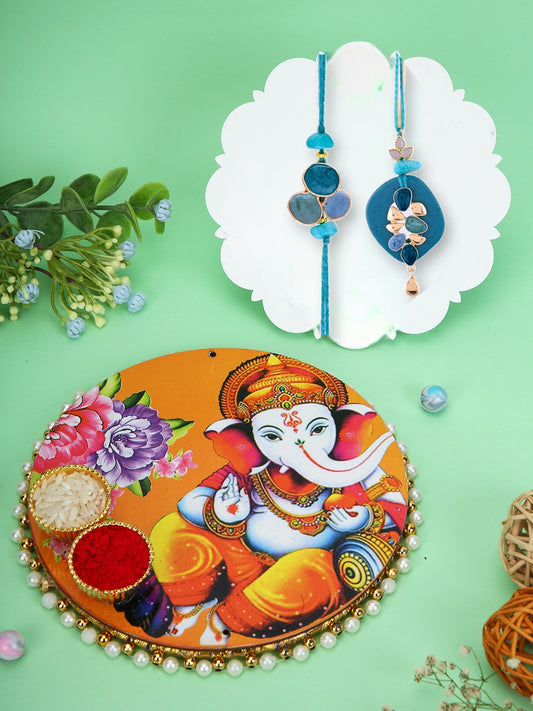 Blue Stone Rakhi Set with Ganesh Thal