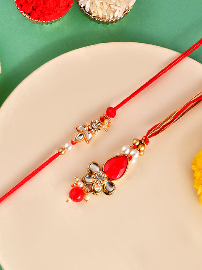 Red Kundan Rakhi Set with Ganesh Thali