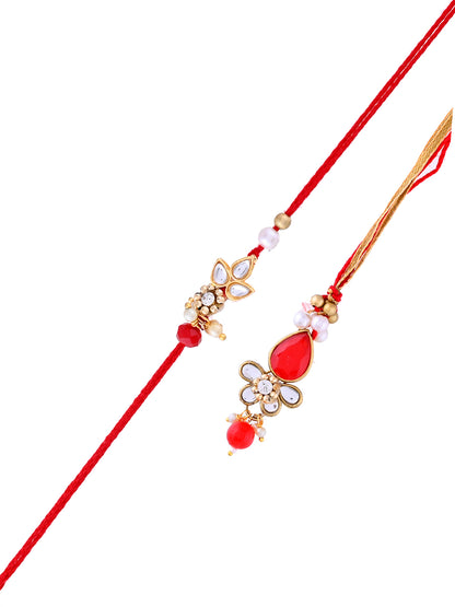 Red Kundan Rakhi Set with Ganesh Thali