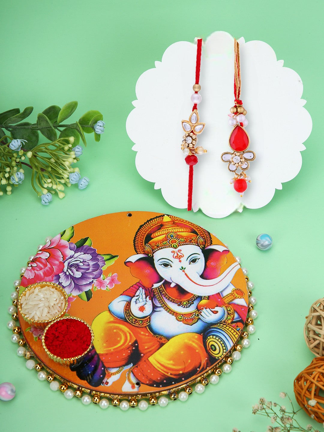 Red Kundan Rakhi Set with Ganesh Thali