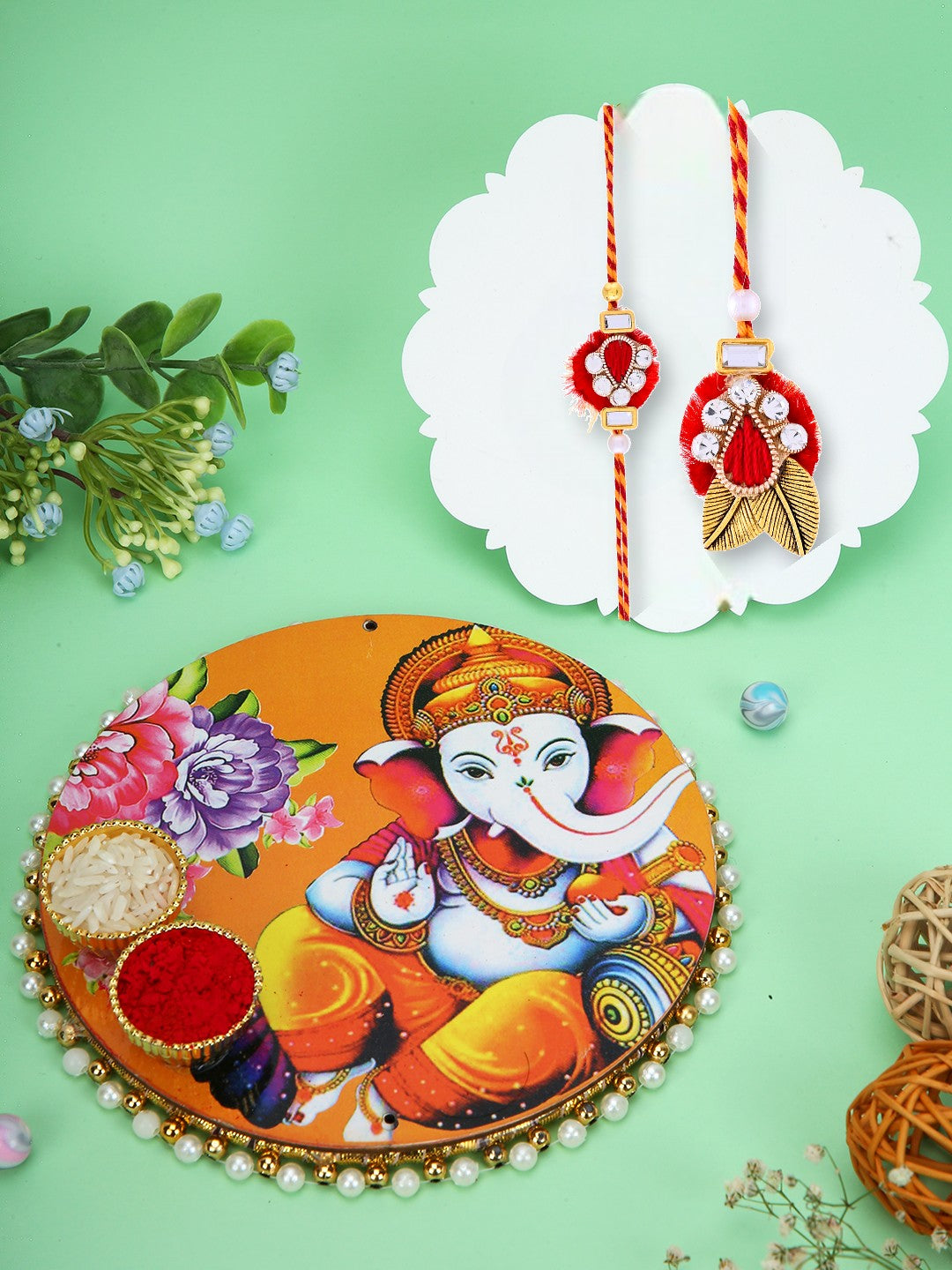 Velvet Red Rakhi Set with Ganesh Thali