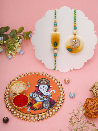 Peacock Feather Rakhi Set with Ganesh Thali