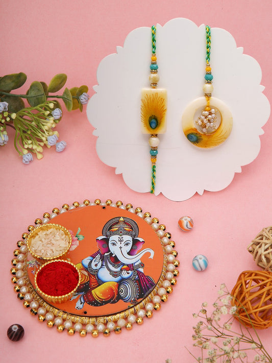 Peacock Feather Rakhi Set with Ganesh Thali
