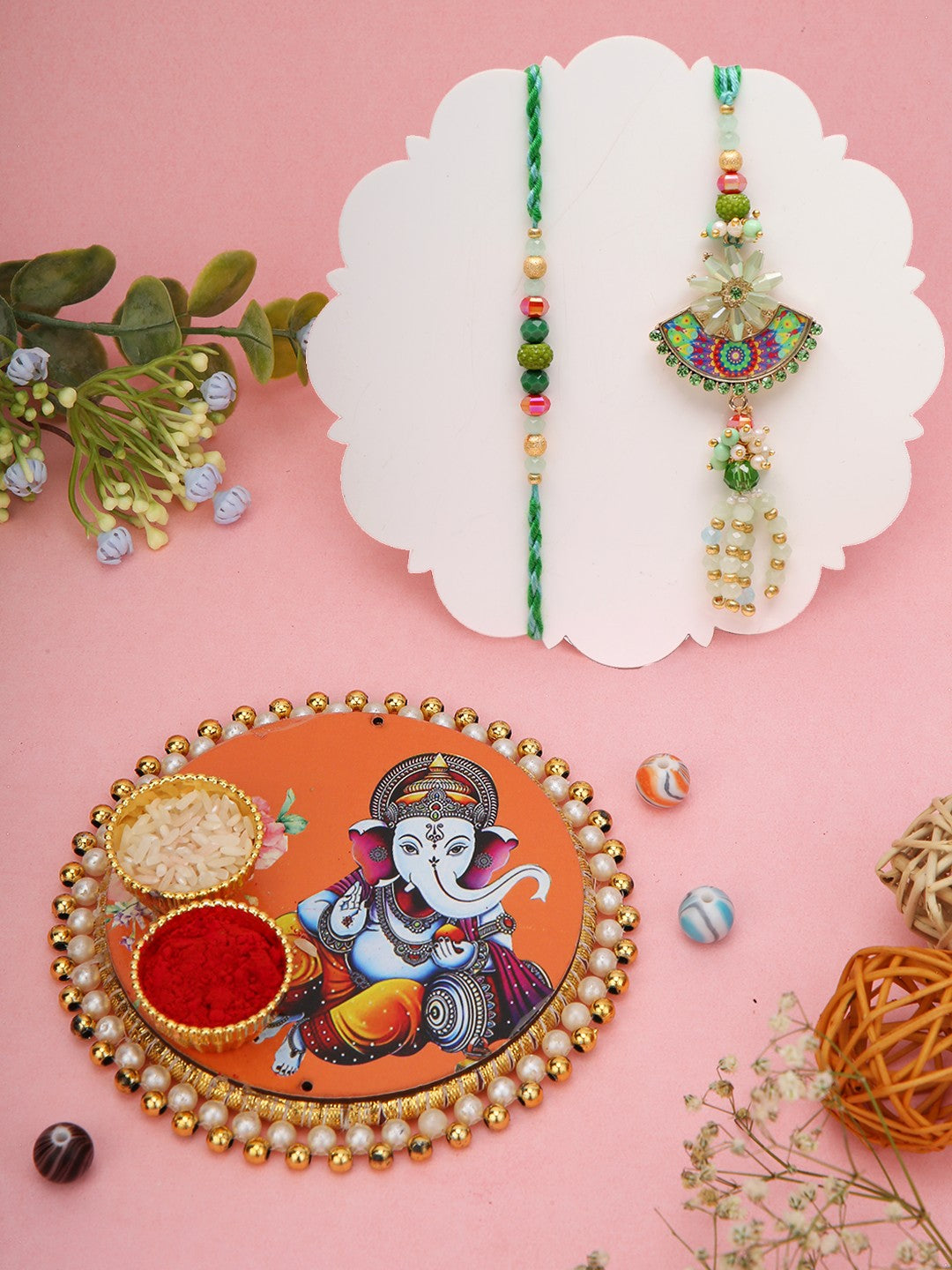 Green Ethnic Rakhi Set with Ganesh Thali
