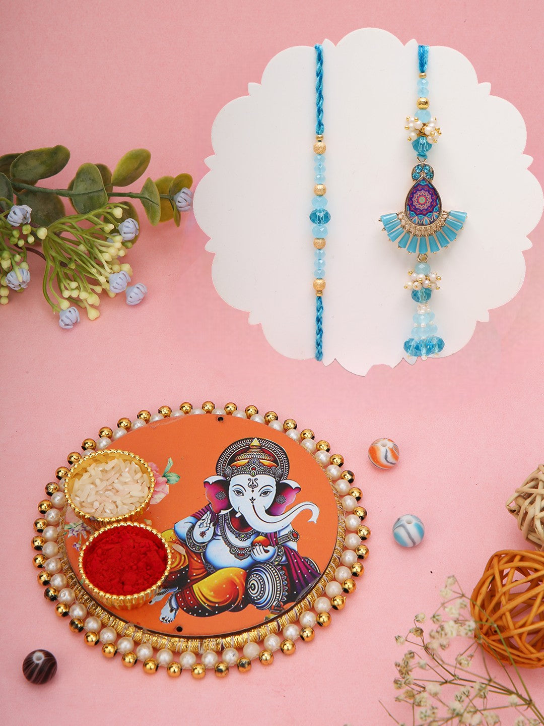 Blue Mandala Rakhi Set with Ganesh Thali